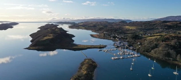 Aerial view of Ardfern and its marina on the west coast of Scotland