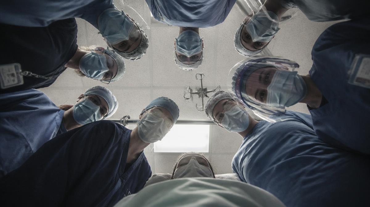 Many heads of healthcare workers around a patient