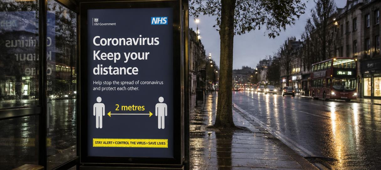 Coronavirus public ad campaign on a bus shelter