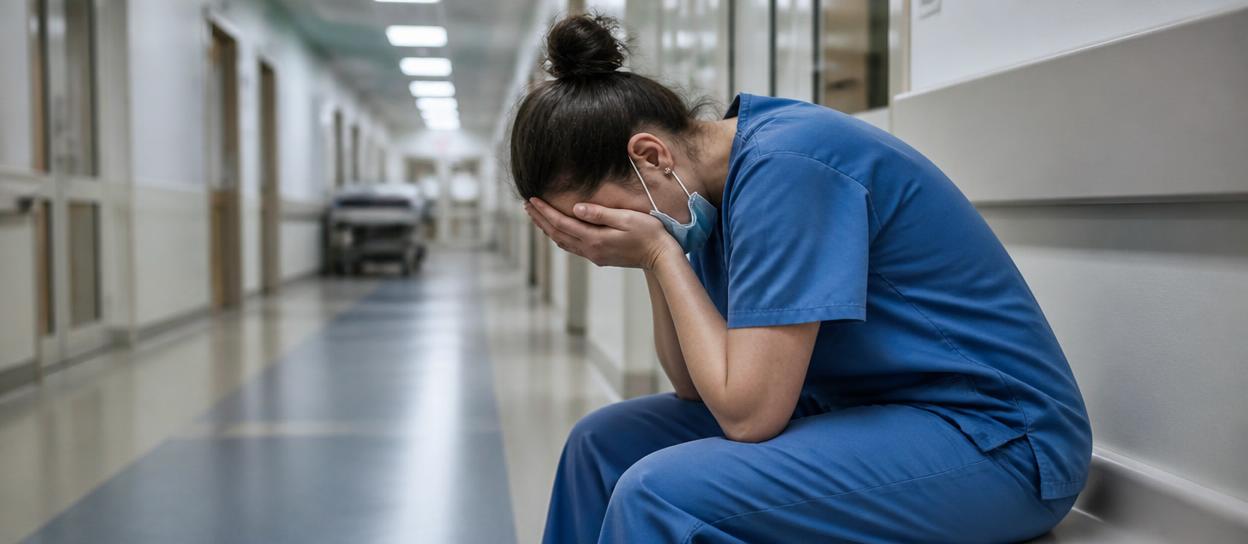 A nurse under stress, holding her face in her hands